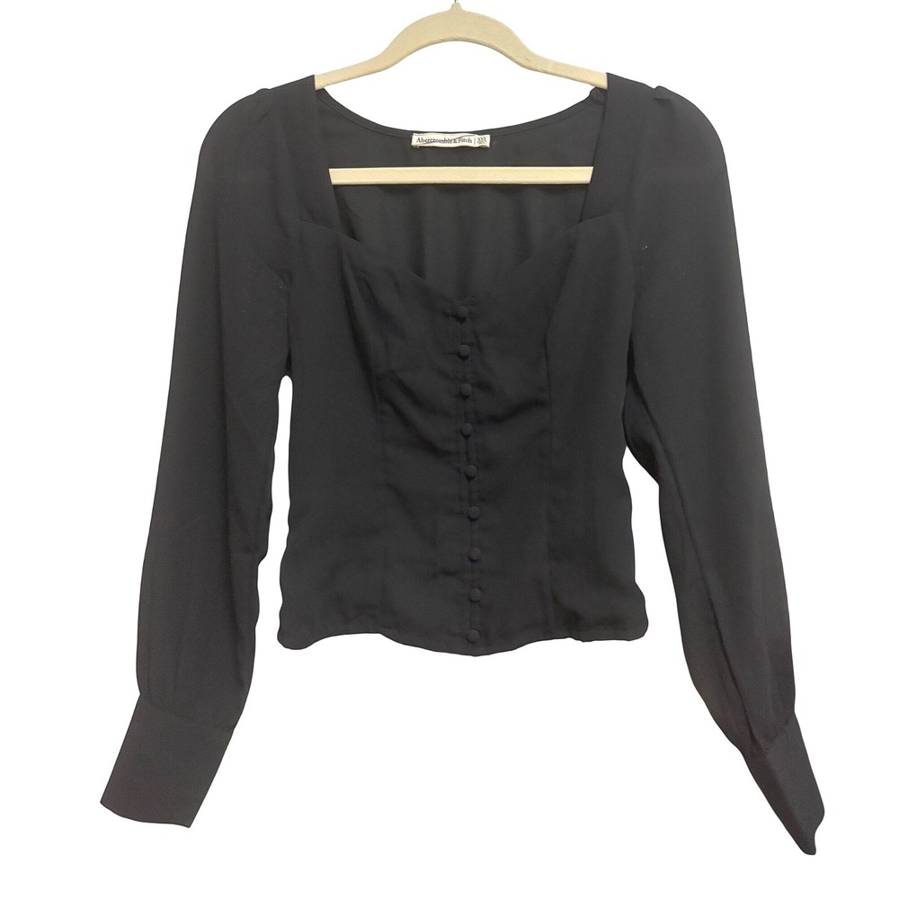 Abercrombie & Fitch Sweetheart Button Front Black Long Sleeve Smocked Blouse XS